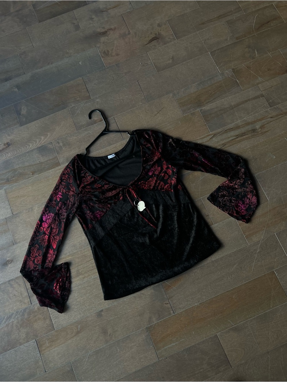 le chateau Black Velvet Long Sleeve Top with Burgundy Floral Accents